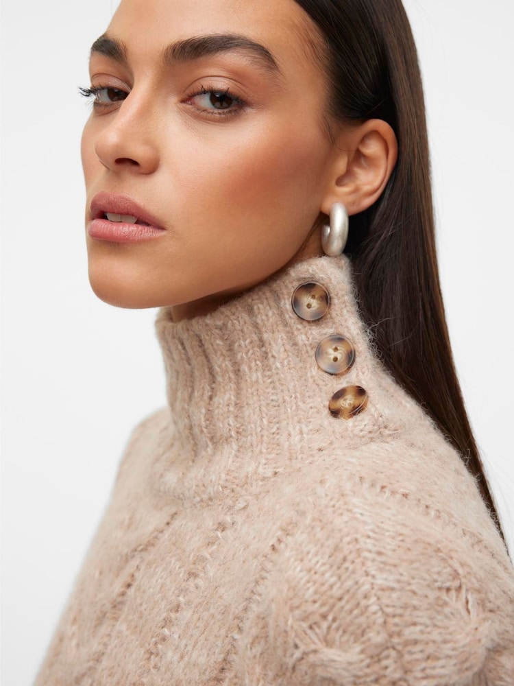 VERO MODA Brown High Neck Cable Knit Jumper With Button Detail Collar - Image 5 of 5