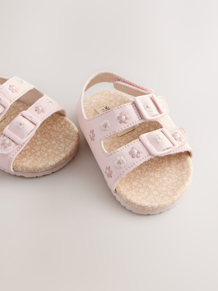 Pink Floral Embroidery Touch And Fasten Baby Sandals (0-24mths) - Image 3 of 5