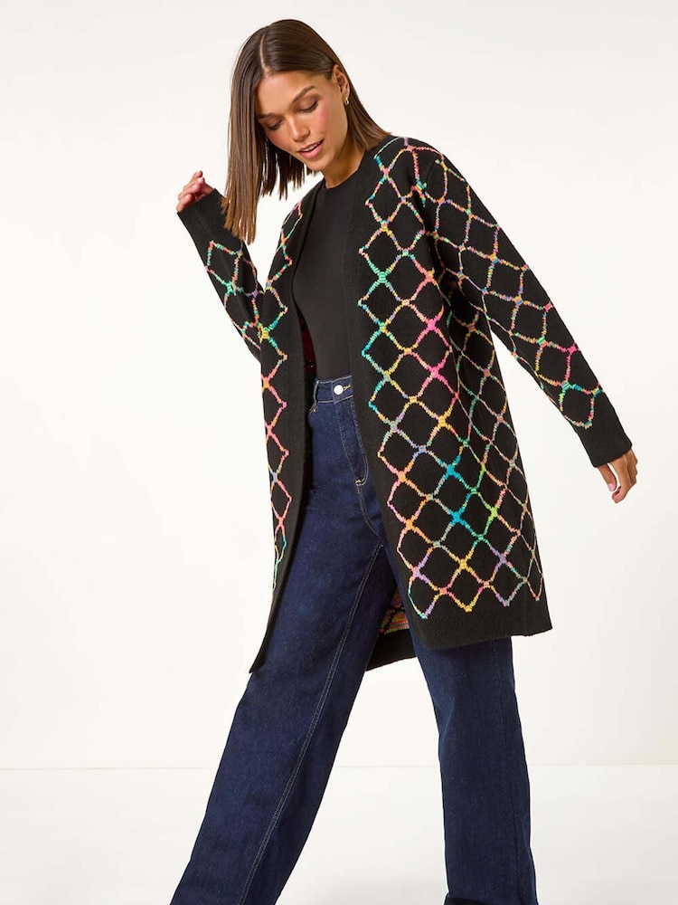 Roman Black Longline Geometric Print Knit Cardigan - Image 2 of 5 Roman Black Longline Geometric Print Knit Cardigan - Image 2 of 5
