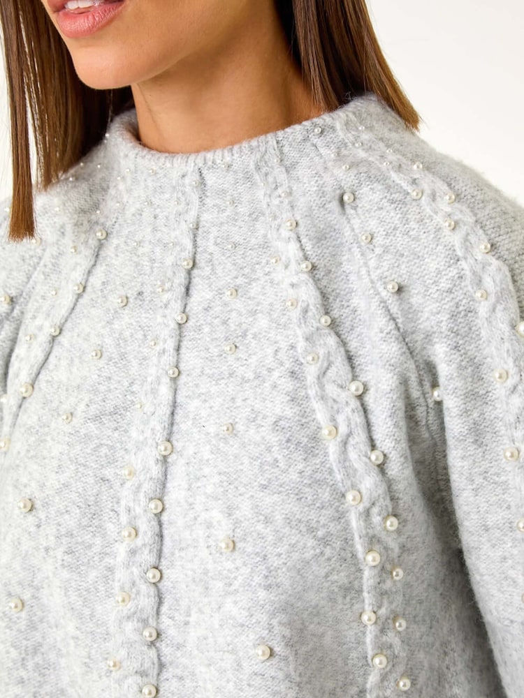 Roman Grey Pearl Embellished Cable Knit Jumper - Image 6 of 6