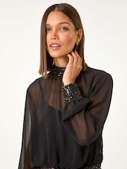 Roman Black High Neck Chiffon Sequin Stretch Top - Image 1 of 5