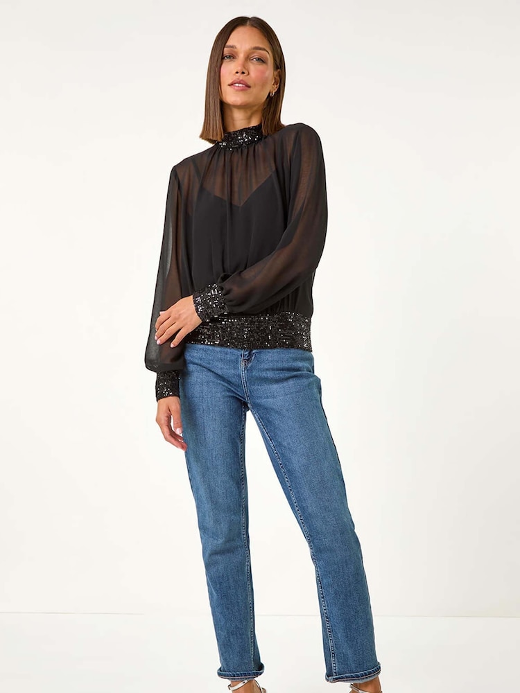 Roman Black High Neck Chiffon Sequin Stretch Top - Image 2 of 5