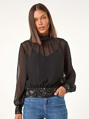 Roman Black High Neck Chiffon Sequin Stretch Top - Image 4 of 5