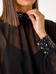 Roman Black High Neck Chiffon Sequin Stretch Top - Image 5 of 5