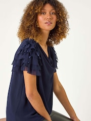 Roman Blue Cowl Neck Shoulder Sequin Frill Top - Image 1 of 5