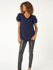 Roman Blue Cowl Neck Shoulder Sequin Frill Top - Image 2 of 5