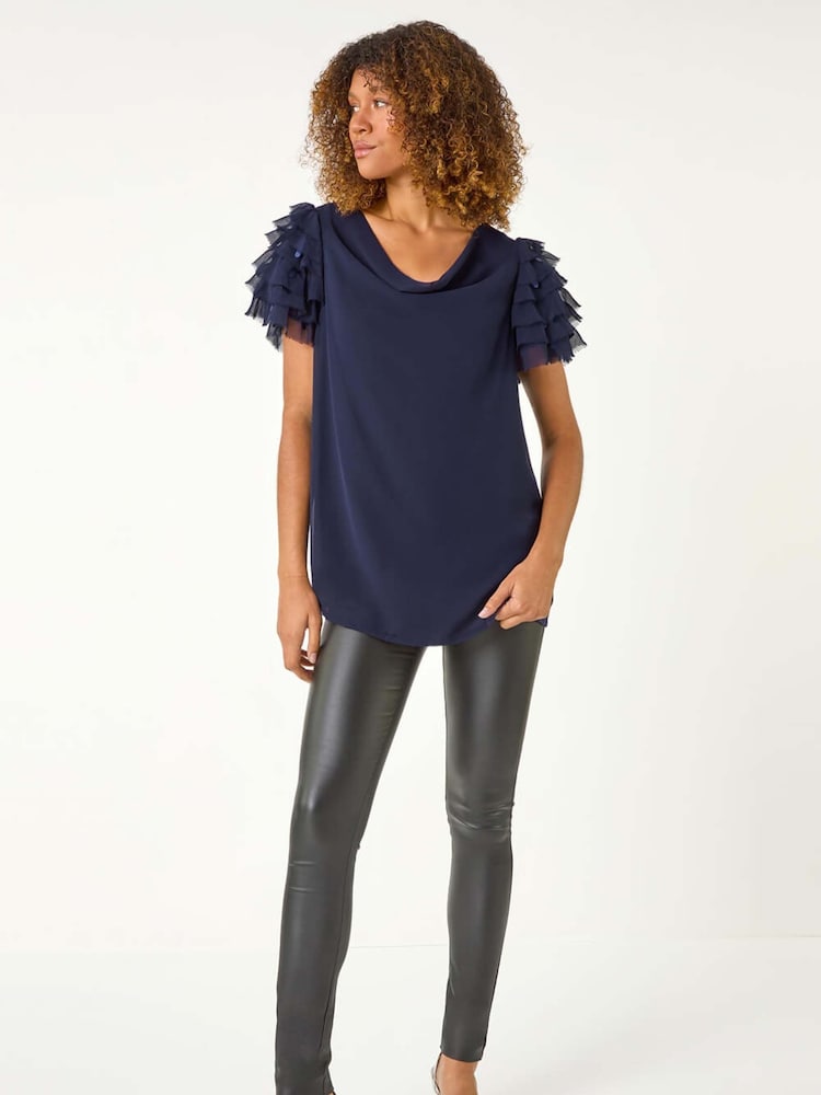 Roman Blue Cowl Neck Shoulder Sequin Frill Top - Image 2 of 5