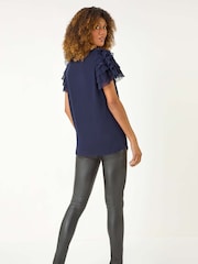Roman Blue Cowl Neck Shoulder Sequin Frill Top - Image 3 of 5
