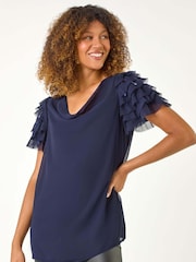 Roman Blue Cowl Neck Shoulder Sequin Frill Top - Image 4 of 5