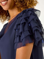 Roman Blue Cowl Neck Shoulder Sequin Frill Top - Image 5 of 5