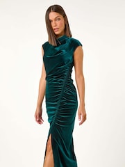 Roman Green High Neck Velvet Midi Dress - Image 2 of 5