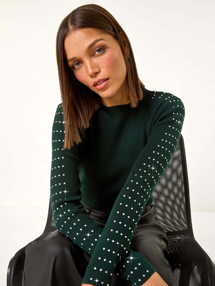 Roman Green Hotfix Stud Sleeve Jumper - Image 1 of 5
