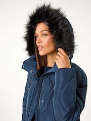 Roman Blue Quilted Faux Fur Hooded Coat - Image 1 of 6