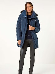 Roman Blue Quilted Faux Fur Hooded Coat - Image 3 of 6