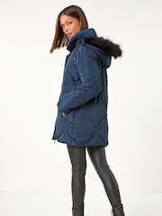 Roman Blue Quilted Faux Fur Hooded Coat - Image 4 of 6
