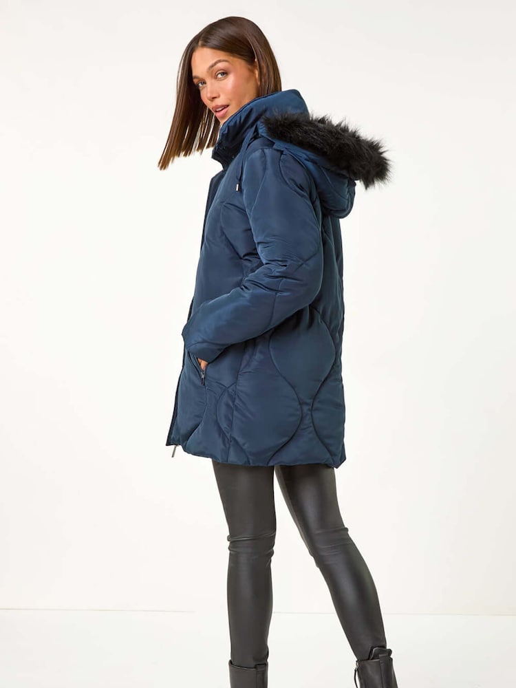 Roman Blue Quilted Faux Fur Hooded Coat - Image 4 of 6