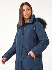 Roman Blue Quilted Faux Fur Hooded Coat - Image 5 of 6