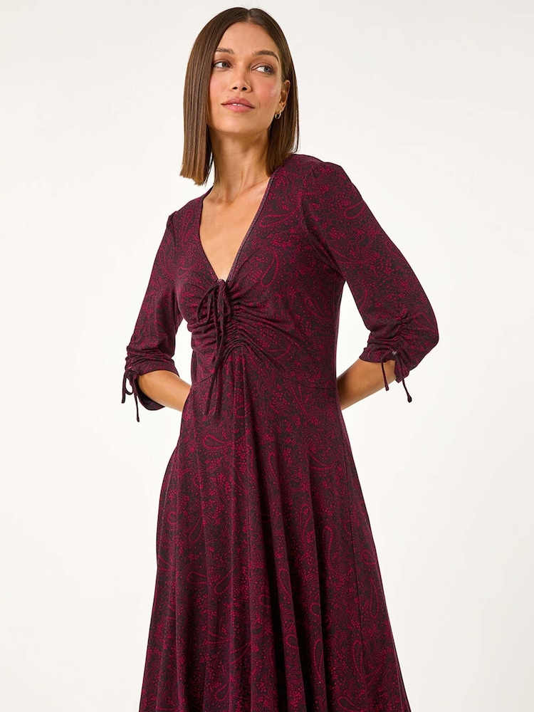 Roman Red Ditsy Paisley Print Gathered Dress - Image 1 of 5