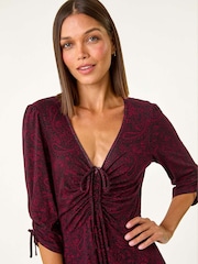 Roman Red Ditsy Paisley Print Gathered Dress - Image 4 of 5