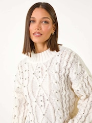 Roman White Diamante Cable Knit Jumper - Image 1 of 5