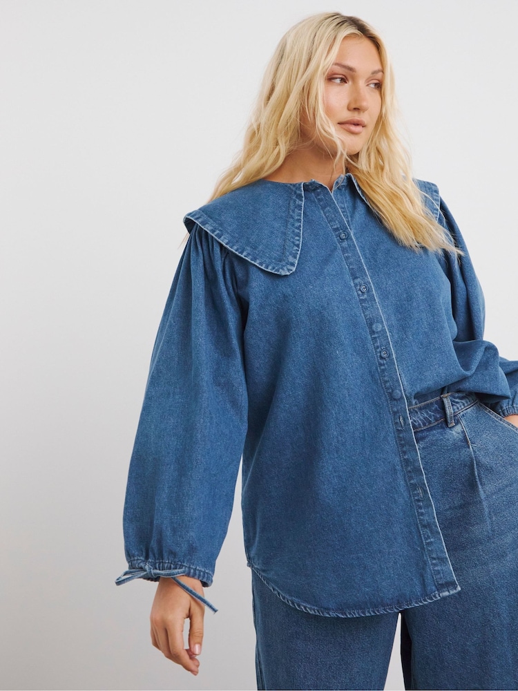 Simply Be Blue Oversized Collar Blouse - Image 1 of 4 Simply Be Blue Oversized Collar Blouse - Image 1 of 4