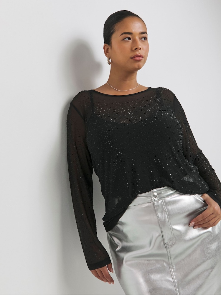 Simply Be Black Hot Fix Mesh Top - Image 1 of 4 Simply Be Black Hot Fix Mesh Top - Image 1 of 4