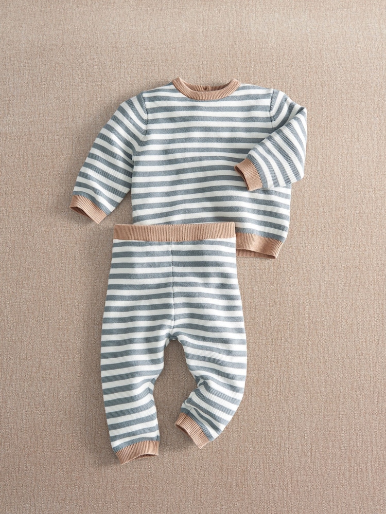 Mamas & Papas Blue Stripe Knitted Jumper & Bottoms Set - Image 1 of 3 Mamas & Papas Blue Stripe Knitted Jumper & Bottoms Set - Image 1 of 3