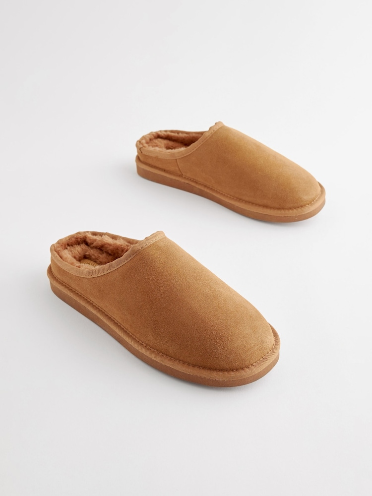 Tan Brown Suede Cosy Lined Mule Slippers - Image 2 of 7