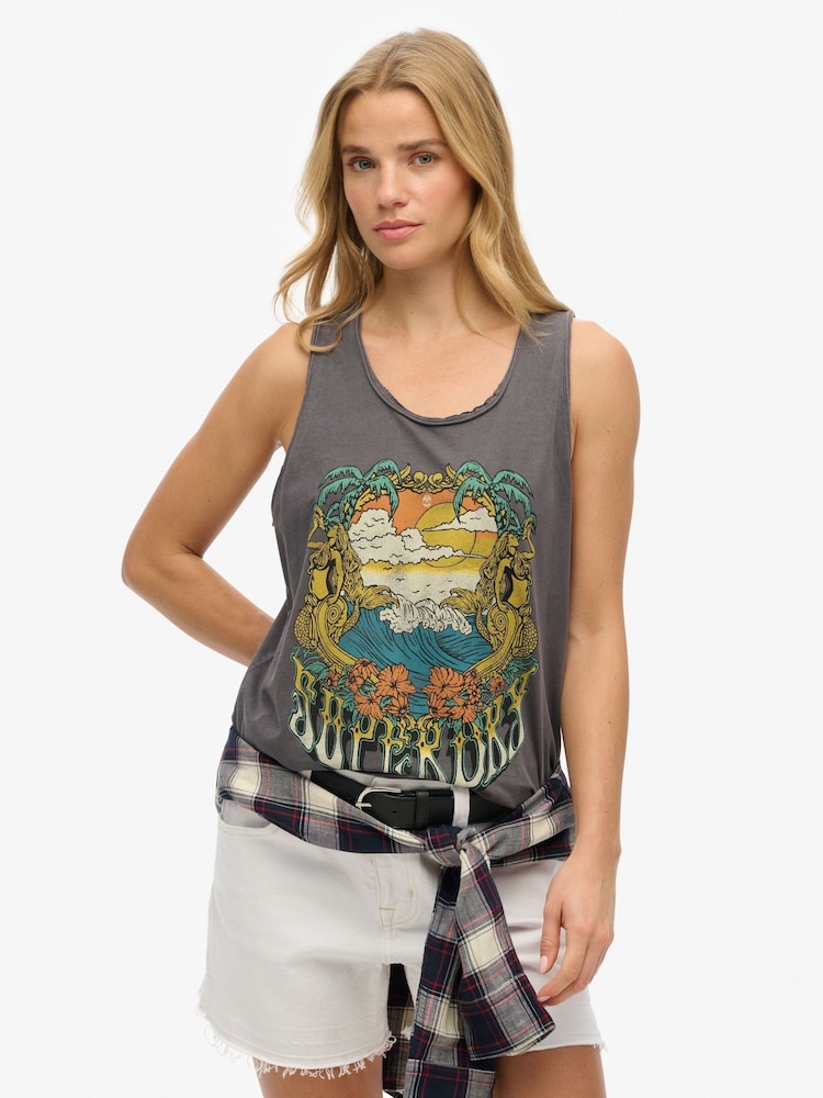 Superdry Grey 100% Cotton Psych Surf Graphic Racer Vest - Image 1 of 6
