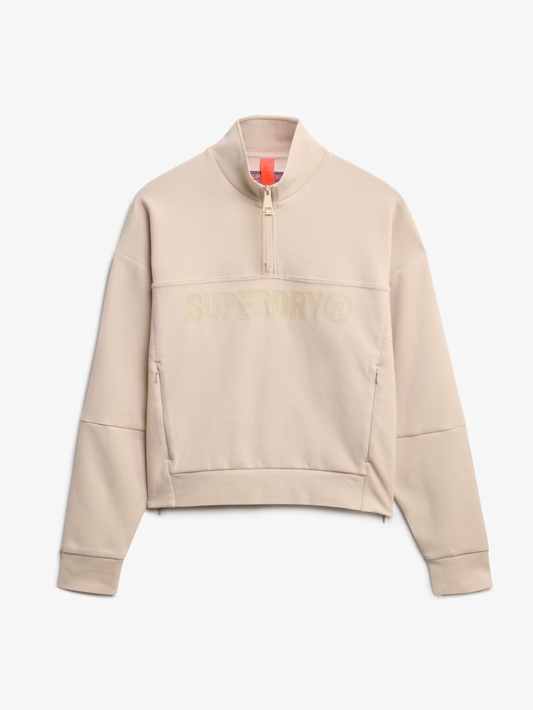 Superdry Cream Green Active Tech Logo Relaxed Half Zip Sweatshirt - Image 1 of 2