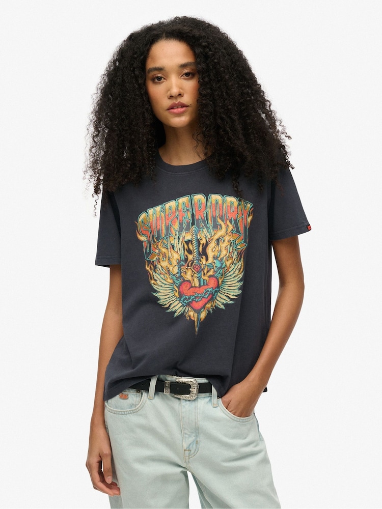 Superdry Black Biker Rock Graphic Relaxed T-Shirt - Image 1 of 6