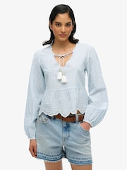 Superdry Blue 100% Cotton Broderie Blouse - Image 1 of 5
