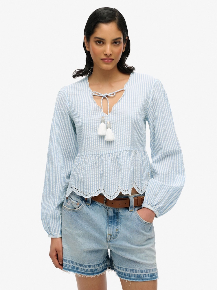 Superdry Blue 100% Cotton Broderie Blouse - Image 1 of 5