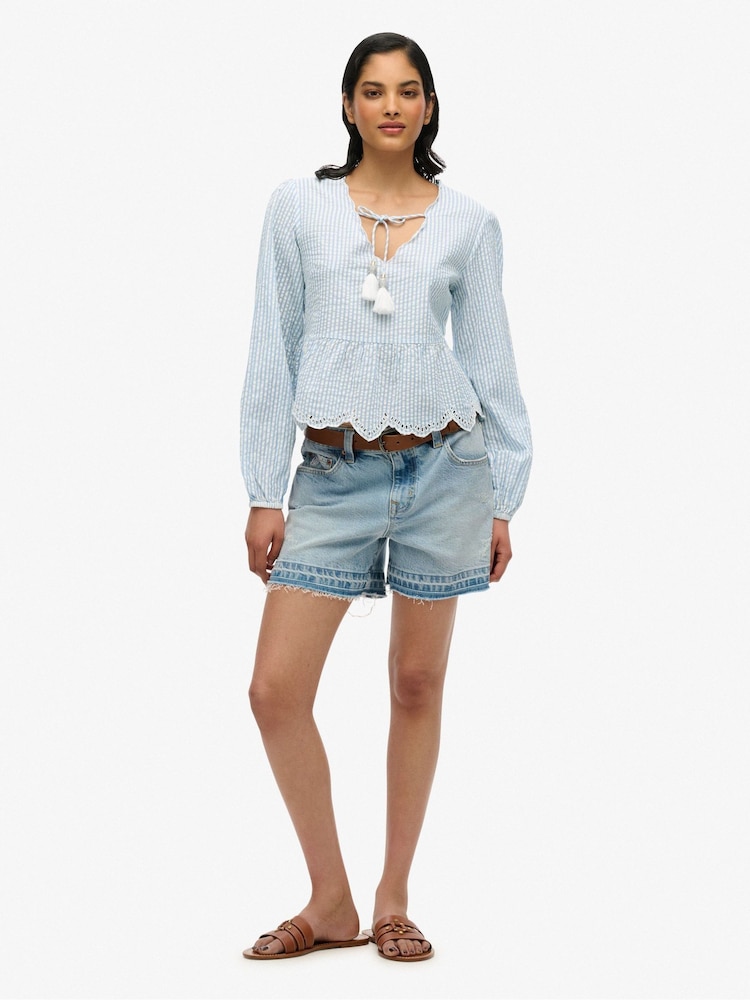 Superdry Blue 100% Cotton Broderie Blouse - Image 2 of 5