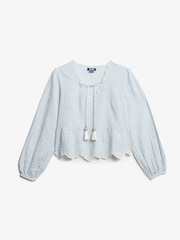 Superdry Blue 100% Cotton Broderie Blouse - Image 4 of 5