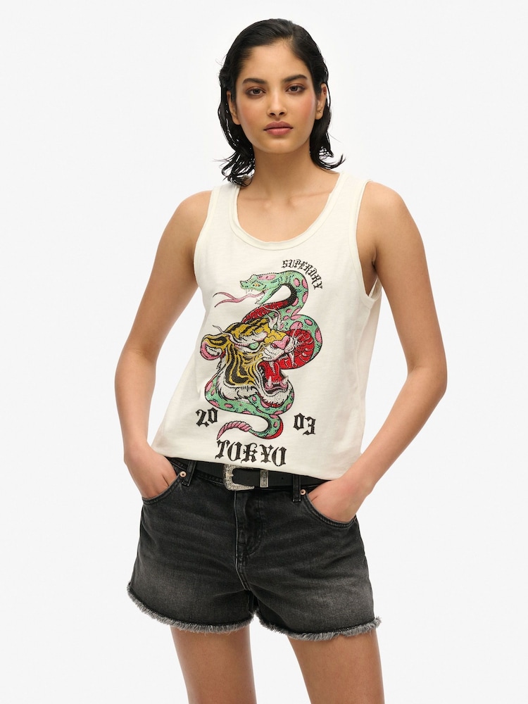 Superdry White Neo Trad Tattoo Scoop Neck 100% Cotton Tank - Image 1 of 6