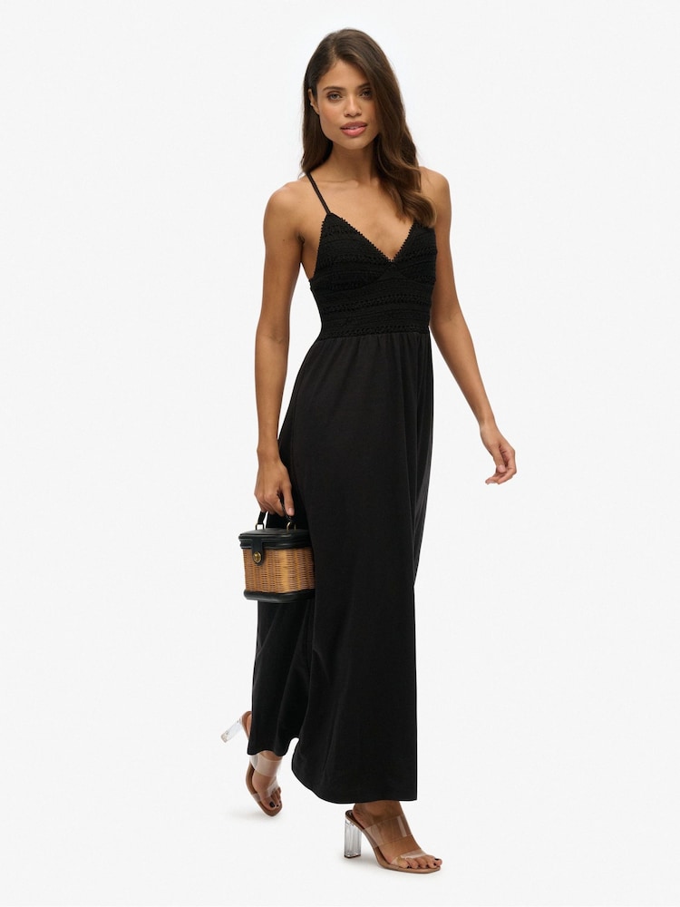Superdry Black Lace Jersey Maxi 100% Cotton Dress - Image 2 of 5