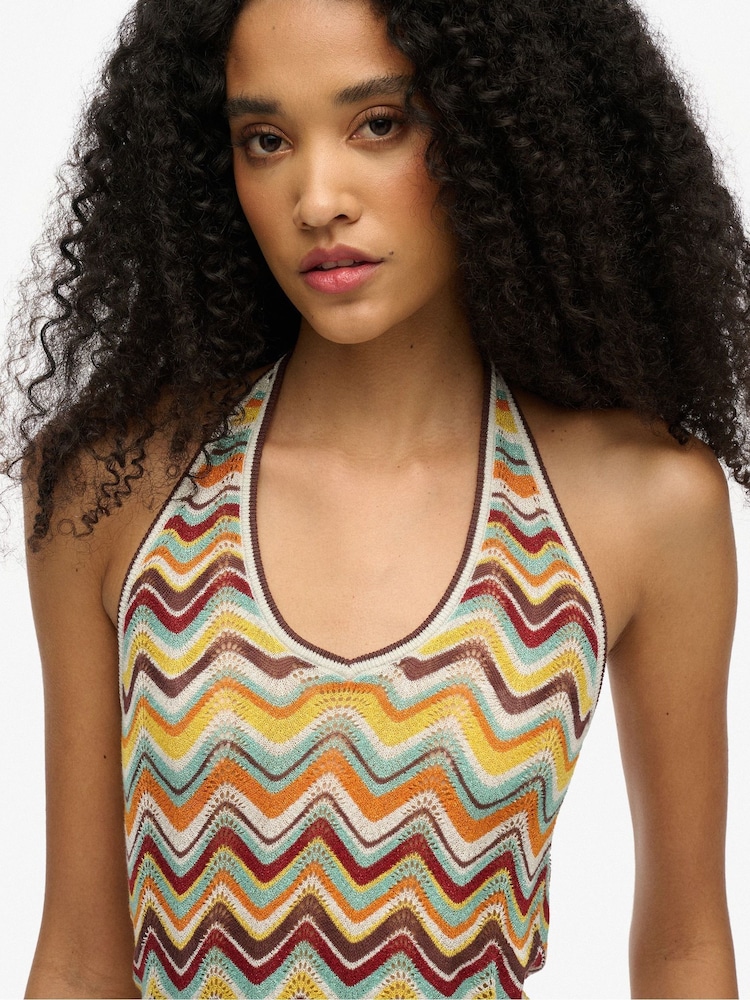 Superdry Green Zigzag Knit Plunge Halter Blouse - Image 1 of 6
