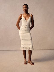 Superdry White 100% Cotton Crochet Tassel Midi Dress - Image 1 of 9