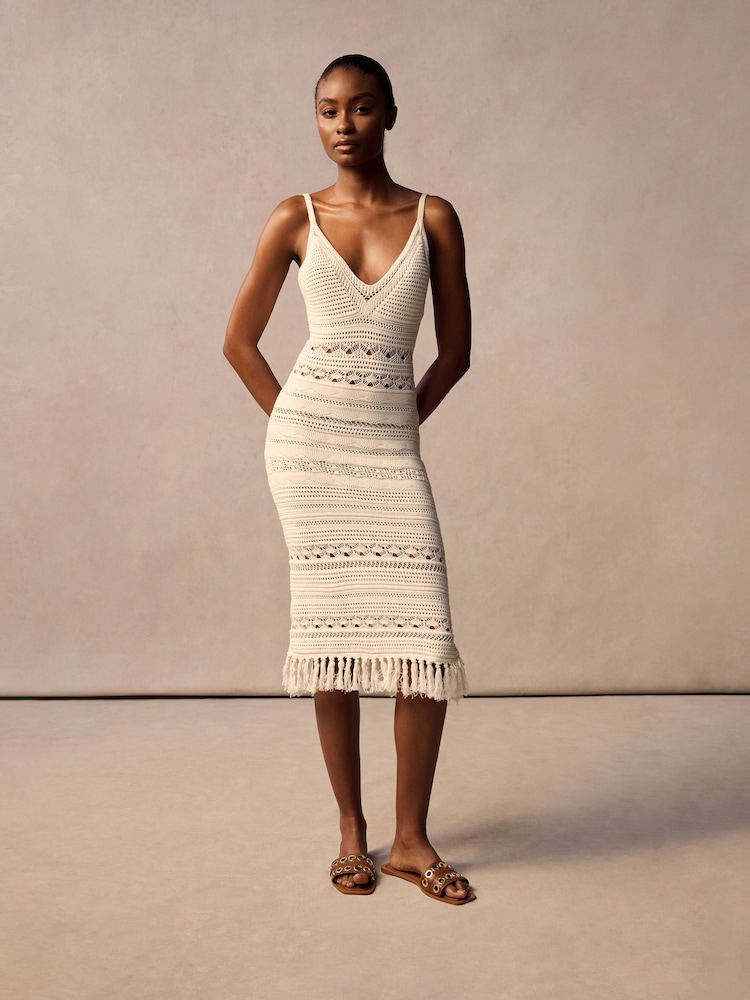 Superdry White 100% Cotton Crochet Tassel Midi Dress - Image 1 of 9