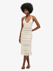 Superdry White 100% Cotton Crochet Tassel Midi Dress - Image 5 of 9