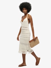 Superdry White 100% Cotton Crochet Tassel Midi Dress - Image 6 of 9