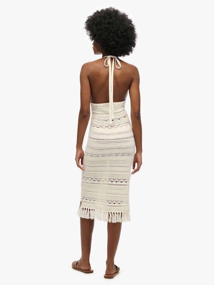 Superdry White 100% Cotton Crochet Tassel Midi Dress - Image 7 of 9