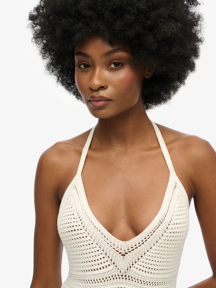 Superdry White 100% Cotton Crochet Tassel Midi Dress - Image 8 of 9
