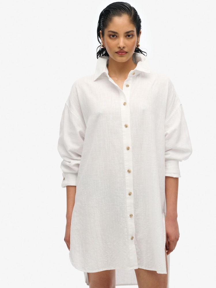 Superdry White Ibiza Longline Beach 100% Cotton Shirt - Image 2 of 6