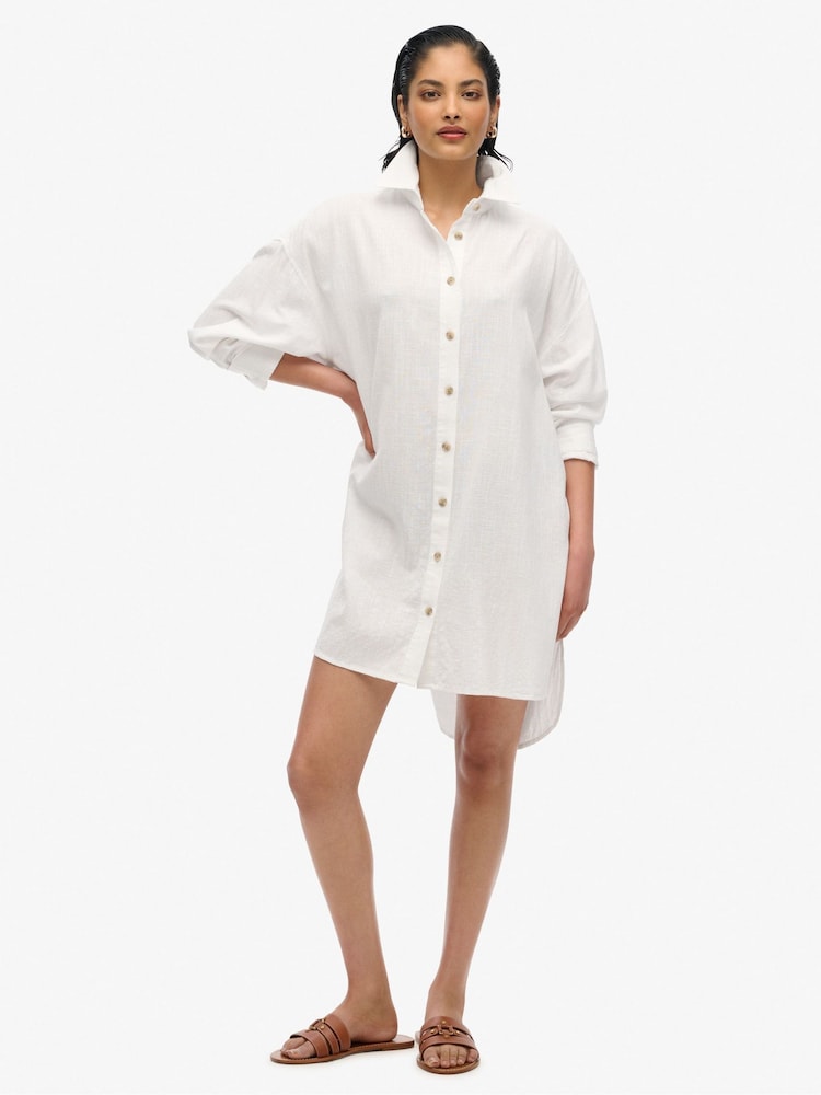 Superdry White Ibiza Longline Beach 100% Cotton Shirt - Image 4 of 6