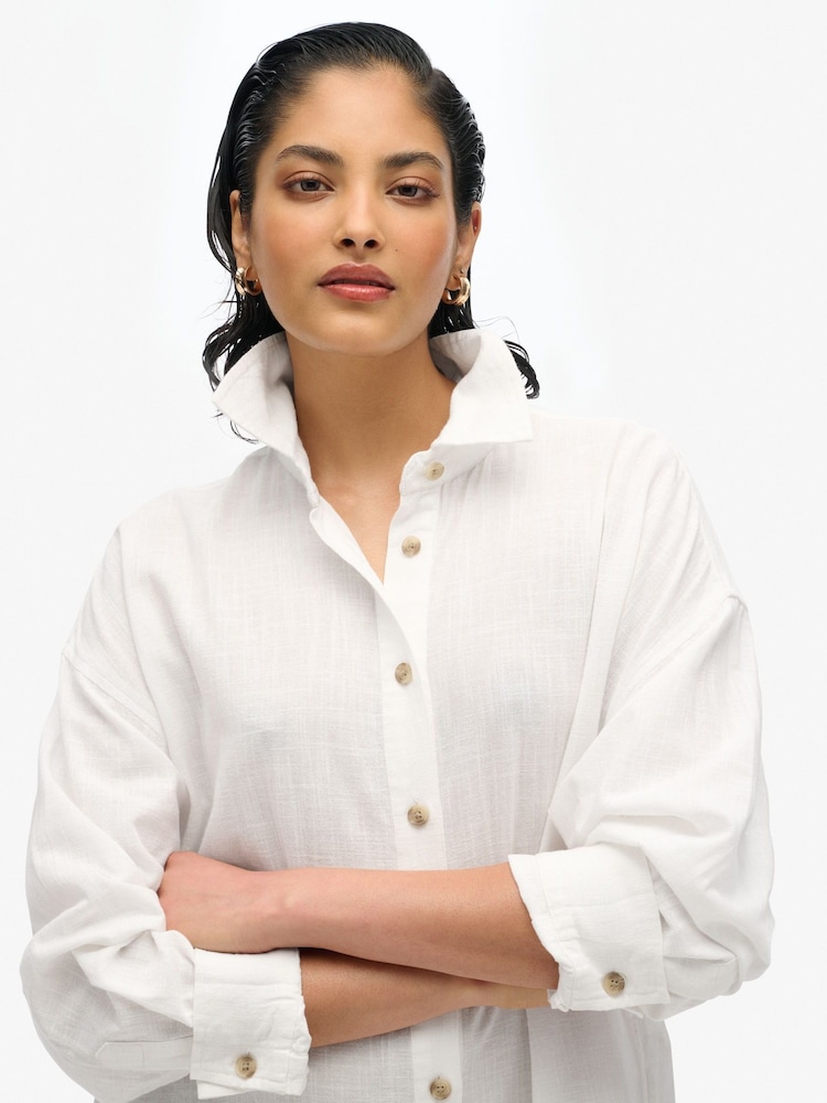 Superdry White Ibiza Longline Beach 100% Cotton Shirt - Image 5 of 6