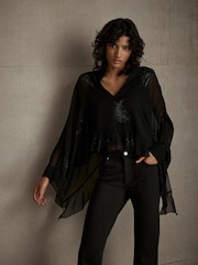 Mint Velvet Black Embellished Cape Top - Image 1 of 8