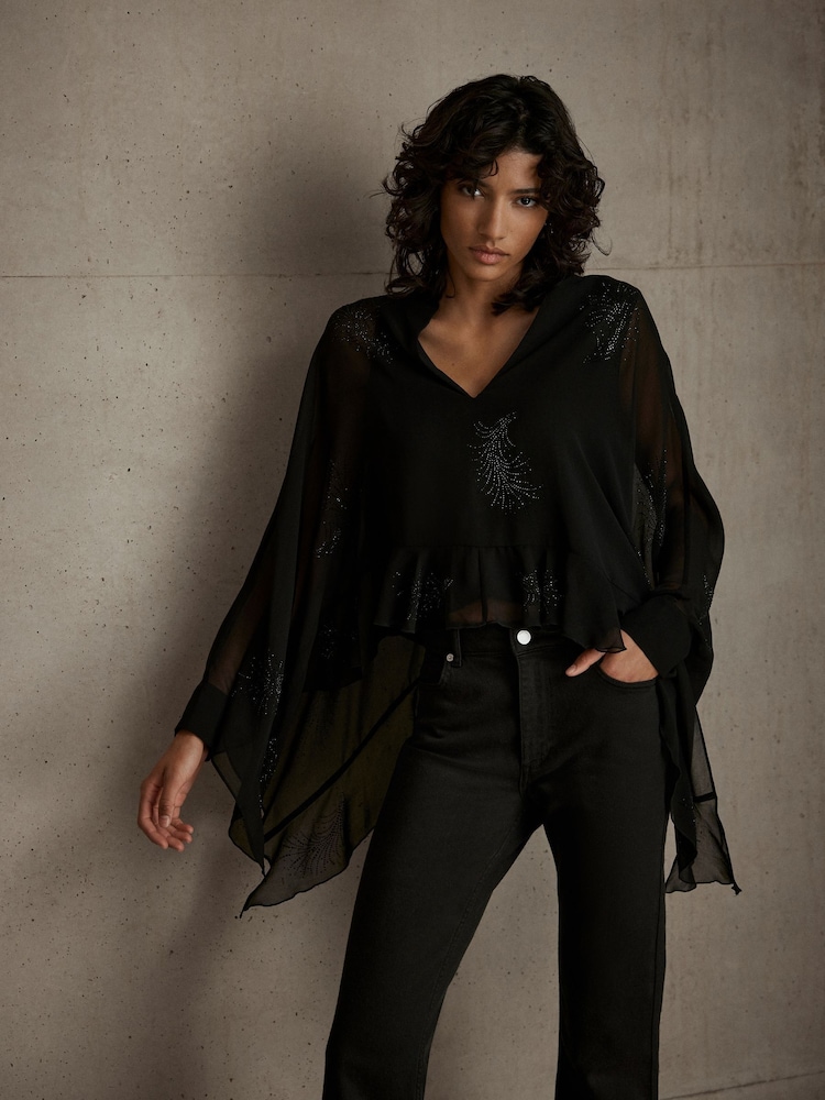 Mint Velvet Black Embellished Cape Top - Image 1 of 8