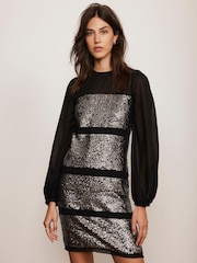 Mint Velvet Black Sequin Panel Mini Dress - Image 1 of 6